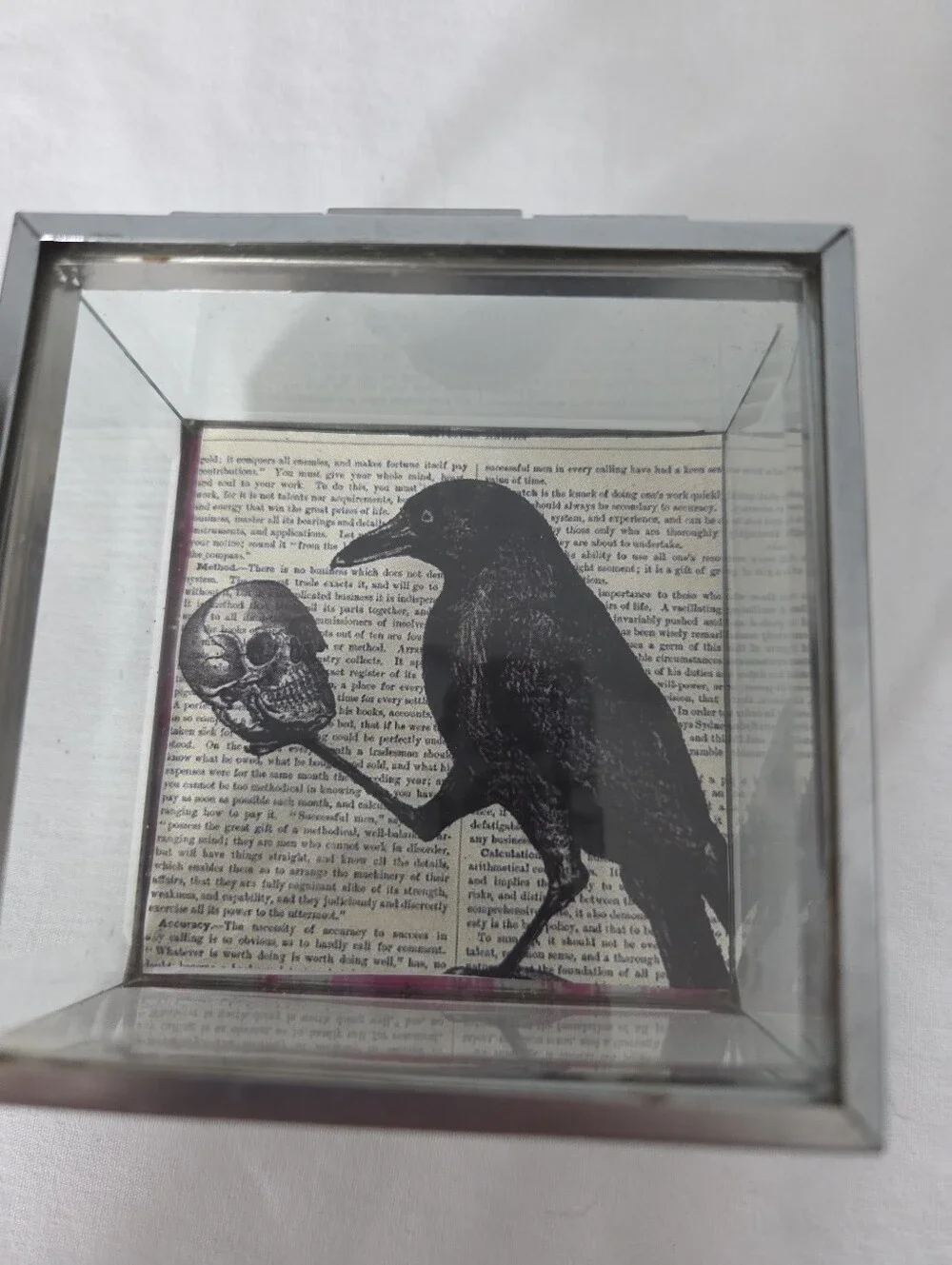 Decorative glass and metal keepsake box gothic-style a Rave and a human skull